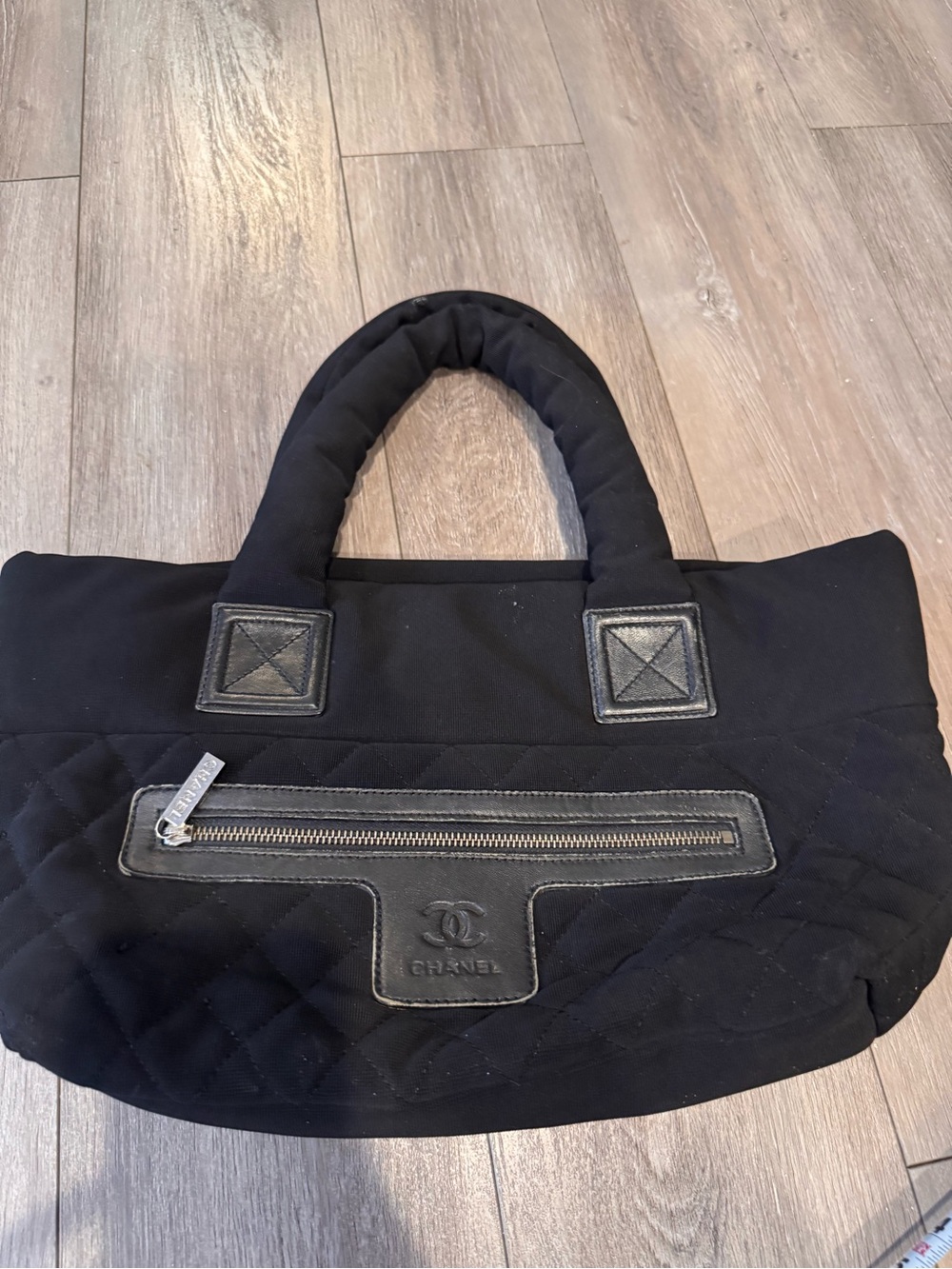 Black Quilted Canvas Tote with Front Zip Pocket